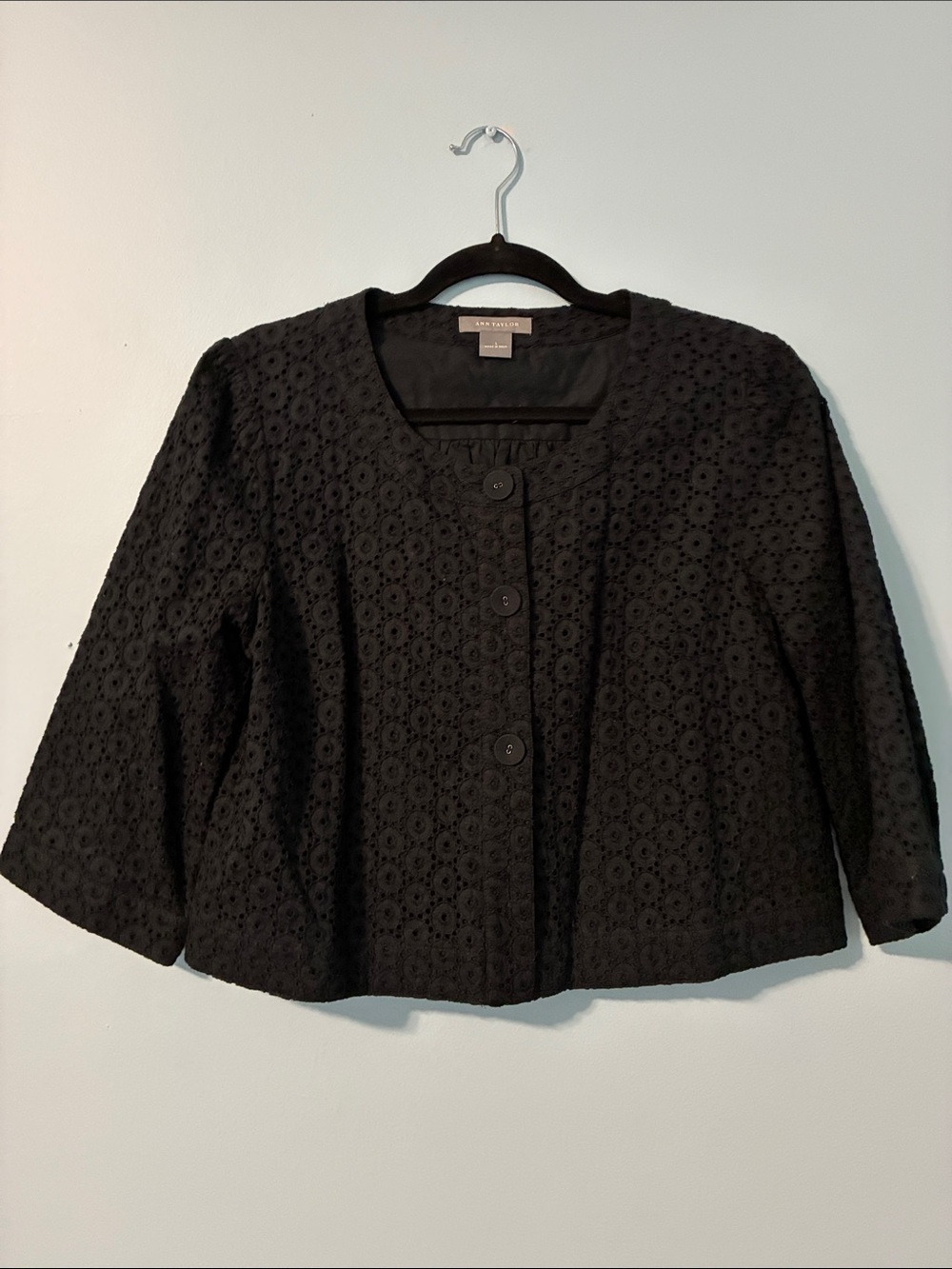 Ann Taylor Black Eyelet Cropped Boxy Jacket